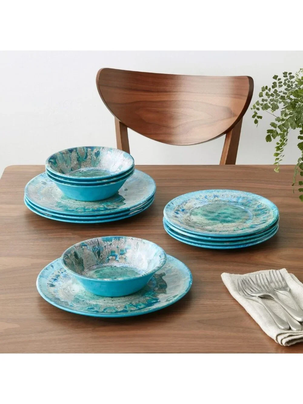 Teal 12pc Melamine Dinnerware Set for 4 - Unbreakable, Dishwasher Safe, Rustic
